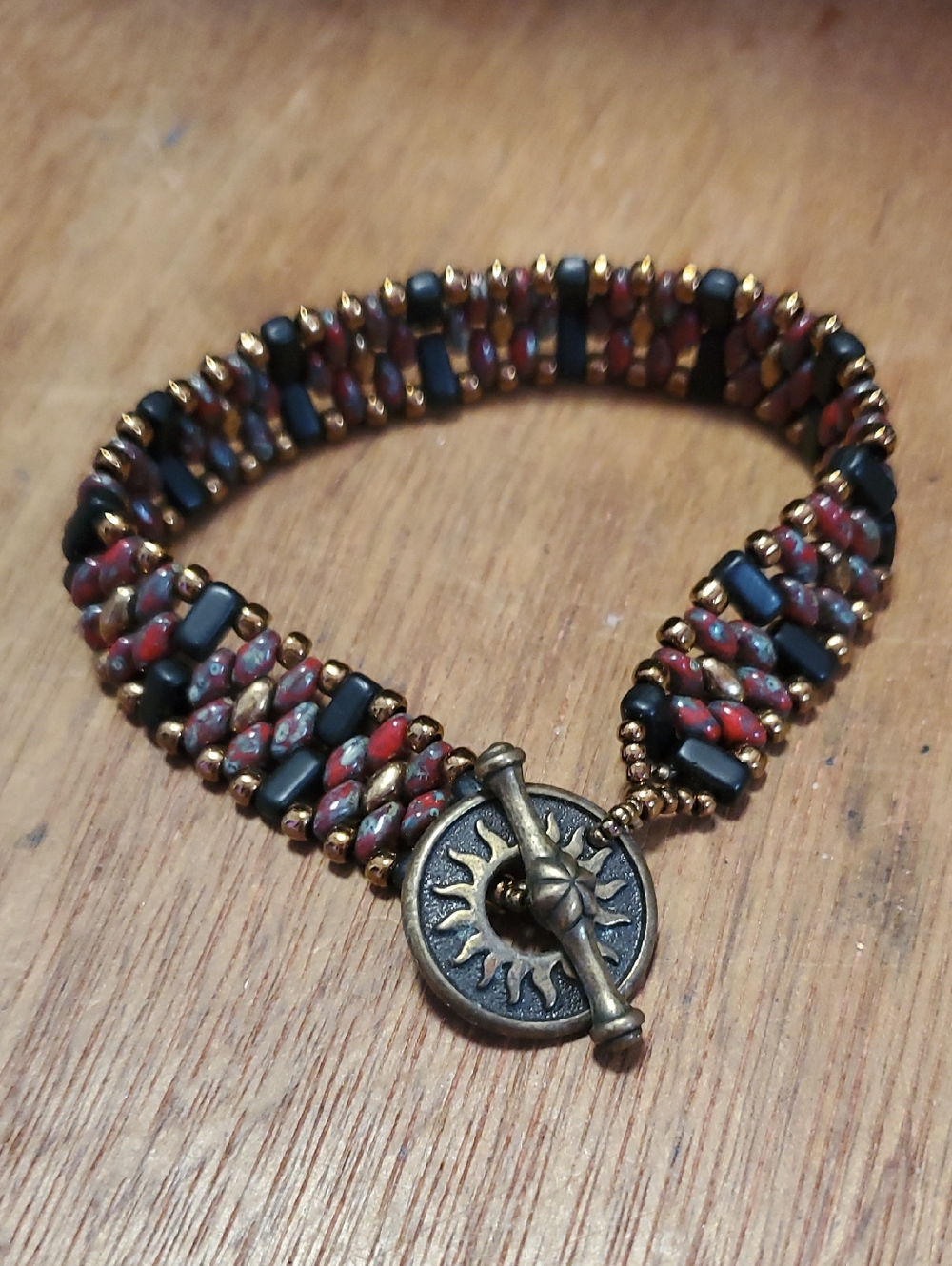 Handmade Red and Black Beaded Sun Toggle Bracelet D
